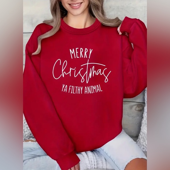Holiday Christmas Red Cotton Sweatshirt New Unisex Fleece Oversized Boutique - Picture 4 of 4